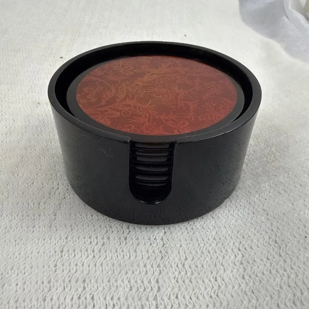 Vintage Occupied Japan Lacquerware Coasters Set 8 Black Red Holder 1945-1952
